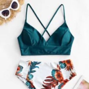 ZAFUL Floral Crisscross High Waisted Swimsuit